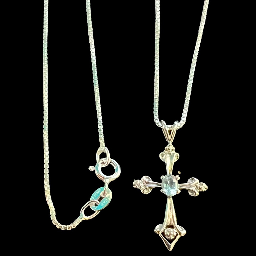 Aquamarine and Sterling Silver Cross Necklace Box Chain 30 in Long